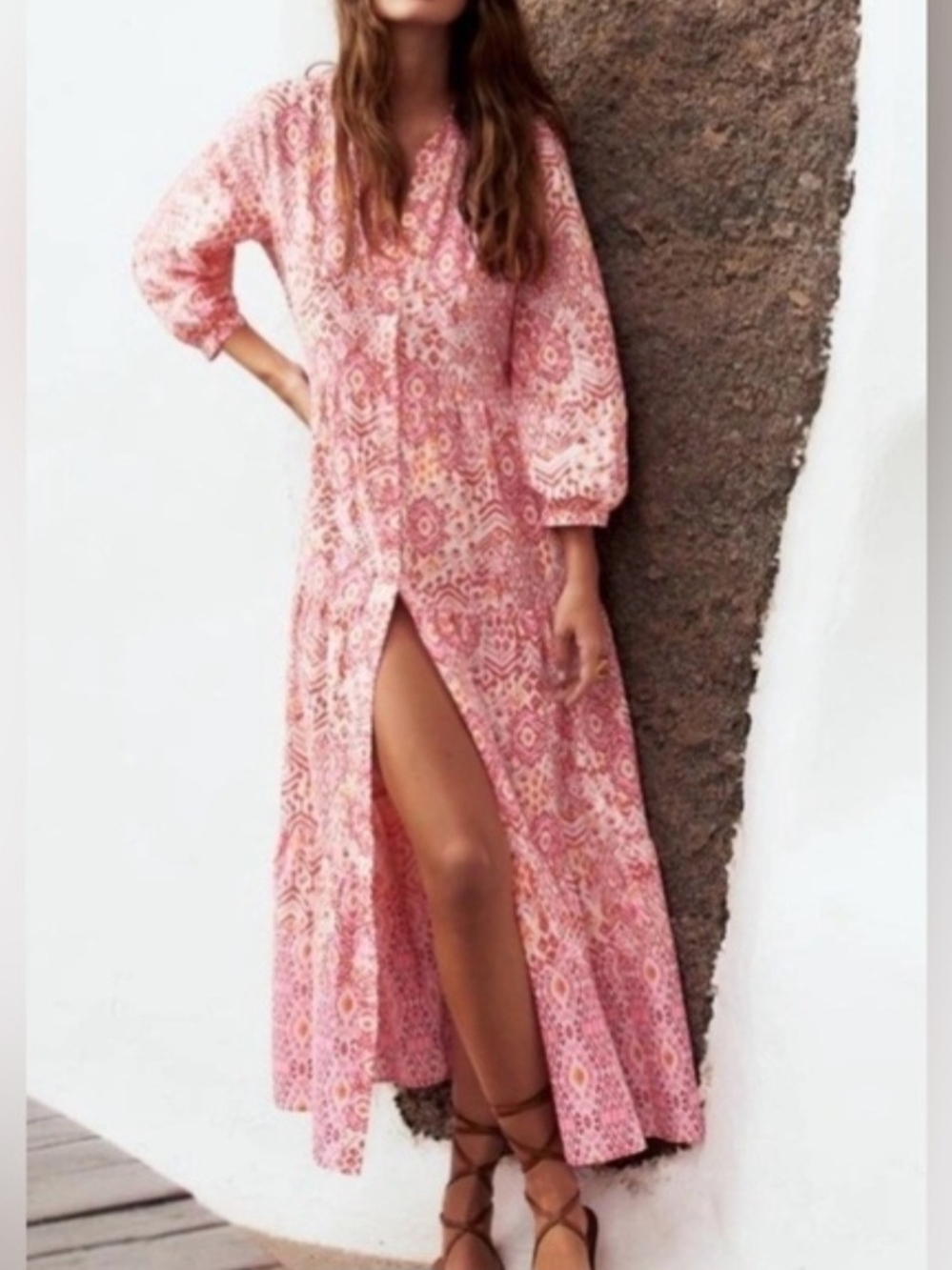 Zara Pink Printed Maxi Dress with Front Slit